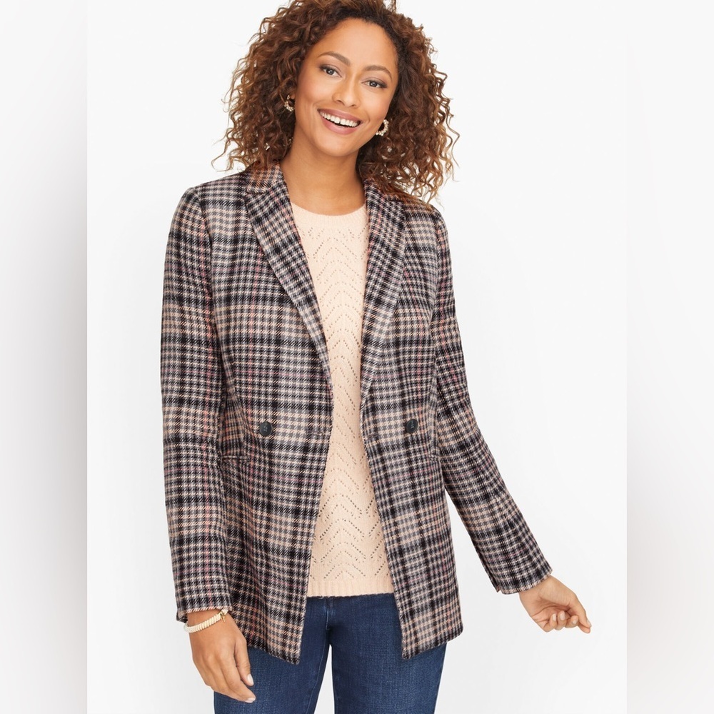 Talbots Double Breasted Bradwell Plaid Blazer 14 P Petite Office Career Business
